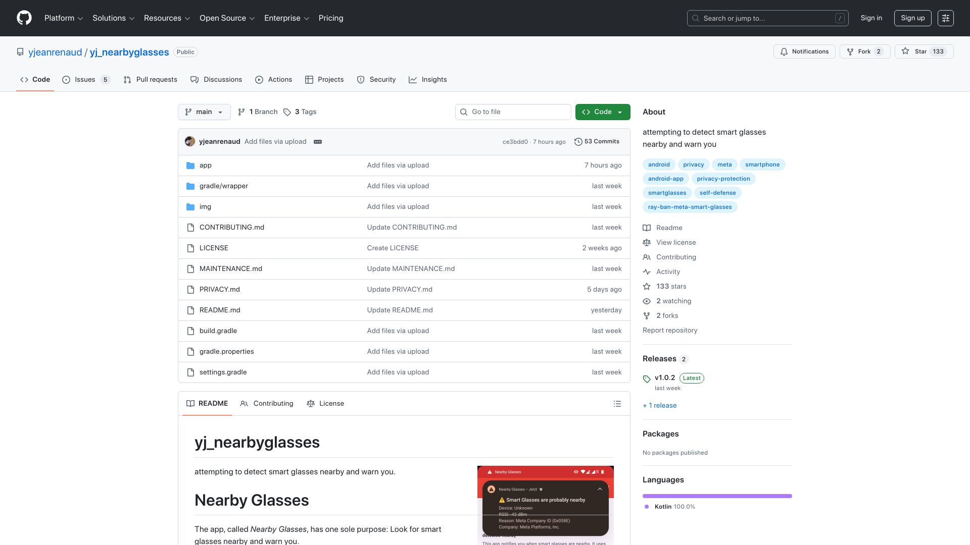 Screenshot of github.com: Nearby Glasses