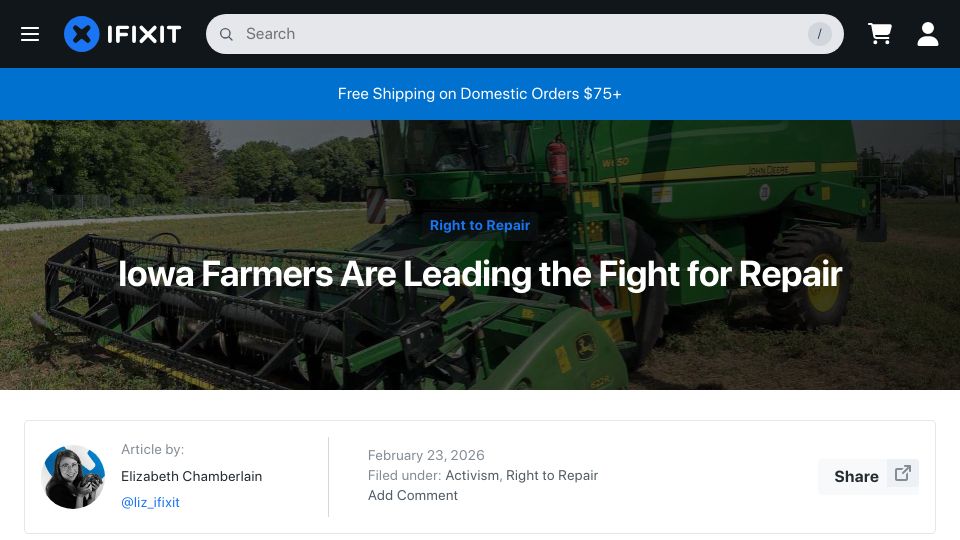 Screenshot of ifixit.com: Iowa farmers are leading the fight for repair