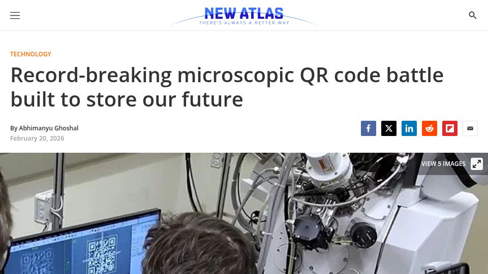 Screenshot of newatlas.com: Tiny QR code achieved using electron microscope technology
