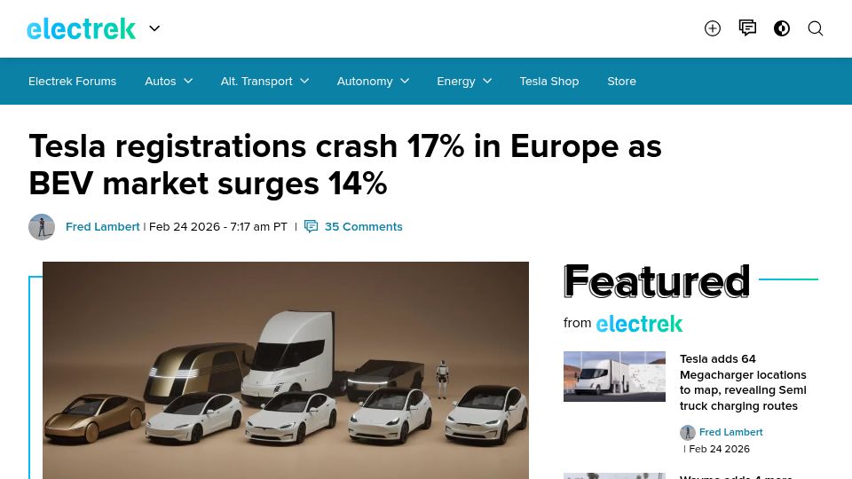 Screenshot of electrek.co: Tesla registrations crash 17% in Europe as BEV market surges 14%