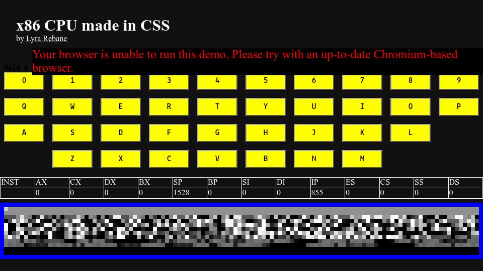 Screenshot of lyra.horse: Show HN: X86CSS – An x86 CPU emulator written in CSS