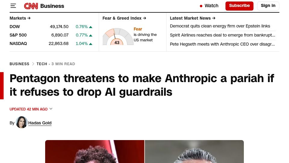 Screenshot of cnn.com: Pentagon threatens to make Anthropic a pariah
