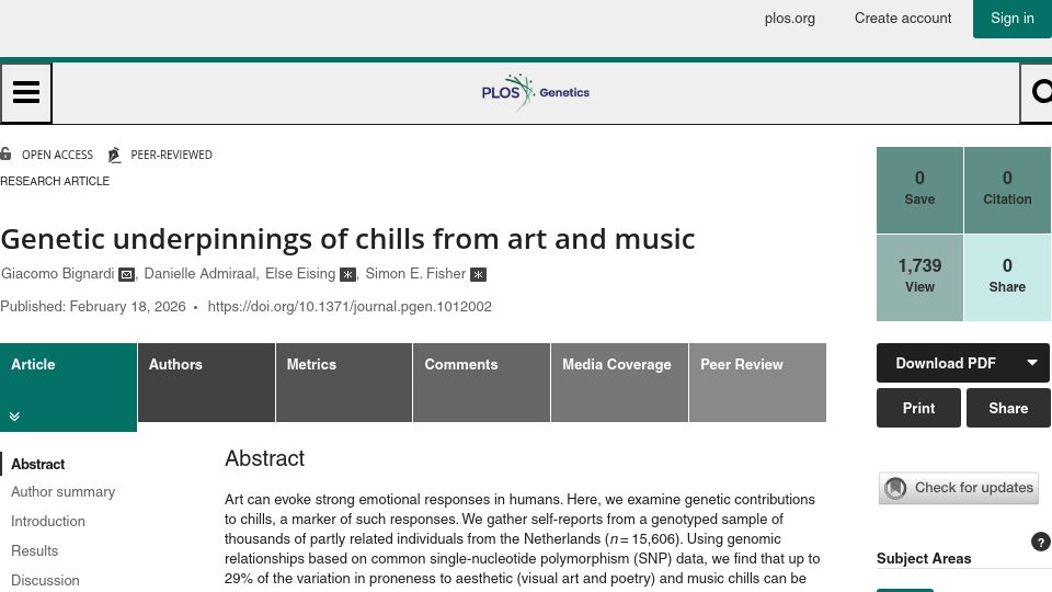 Screenshot of journals.plos.org: Genetic underpinnings of chills from art and music