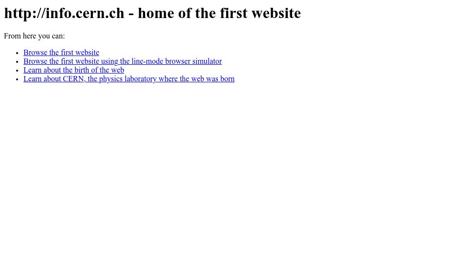 Screenshot of info.cern.ch: First Website (1992)