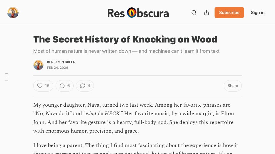 Screenshot of resobscura.substack.com: The history of knocking on wood