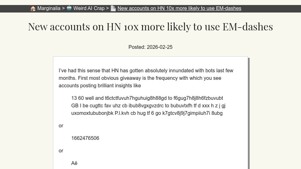 Screenshot of marginalia.nu: New accounts on HN more likely to use em-dashes