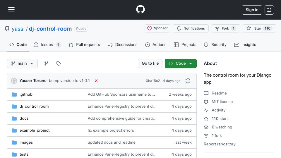 Screenshot of github.com: Show HN: Django Control Room – All Your Tools Inside the Django Admin