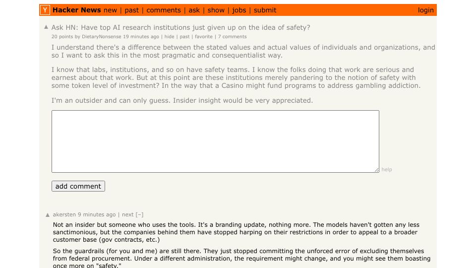Screenshot of Hacker News post: Ask HN: Have top AI research institutions just given up on the idea of safety?