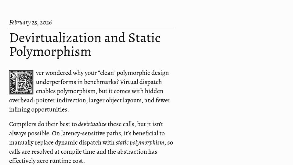 Screenshot of david.alvarezrosa.com: Devirtualization and Static Polymorphism