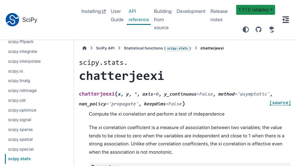 Screenshot of docs.scipy.org: Scipy.stats. Chatterjeexi