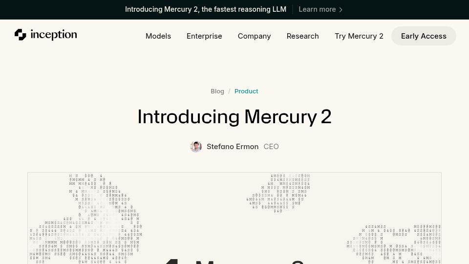 Screenshot of inceptionlabs.ai: Mercury 2: Fast reasoning LLM powered by diffusion