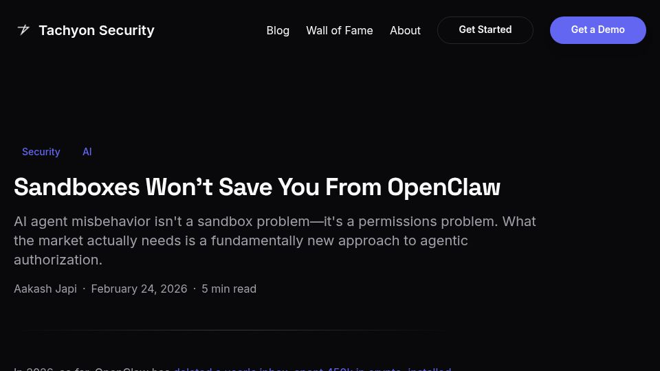 Screenshot of tachyon.so: Sandboxes won't save you from OpenClaw