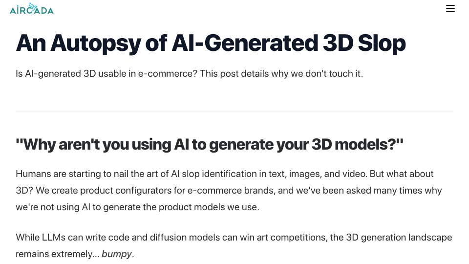 Screenshot of aircada.com: An autopsy of AI-generated 3D slop