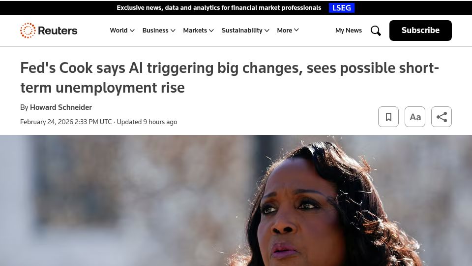 Screenshot of reuters.com: Fed's Cook says AI triggering big changes, sees possible unemployment rise