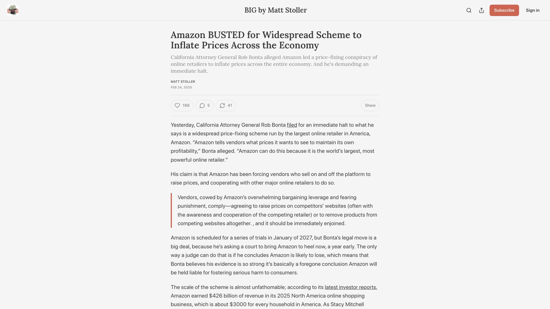 Screenshot of thebignewsletter.com: Amazon accused of widespread scheme to inflate prices across the economy