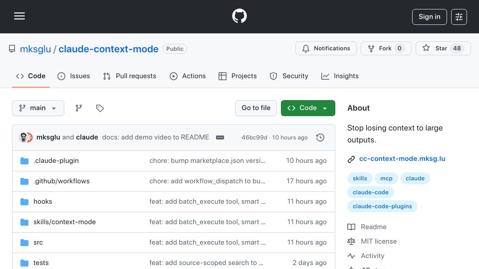 Screenshot of github.com: Show HN: Context Mode – 315 KB of MCP output becomes 5.4 KB in Claude Code