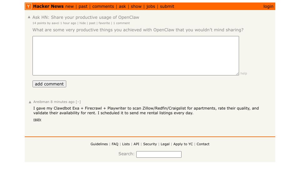 Screenshot of Hacker News post: Ask HN: Share your productive usage of OpenClaw