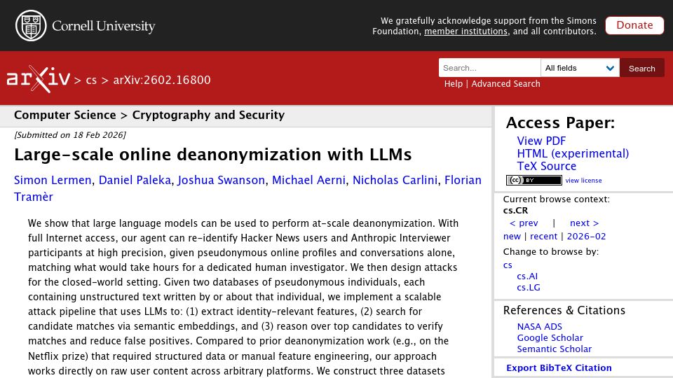 Screenshot of arxiv.org: Large-scale online deanonymization with LLMs