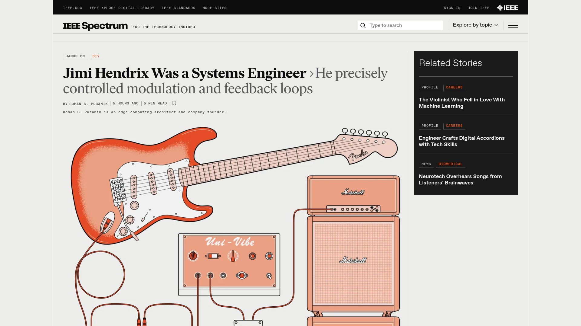Screenshot of spectrum.ieee.org: Jimi Hendrix was a systems engineer