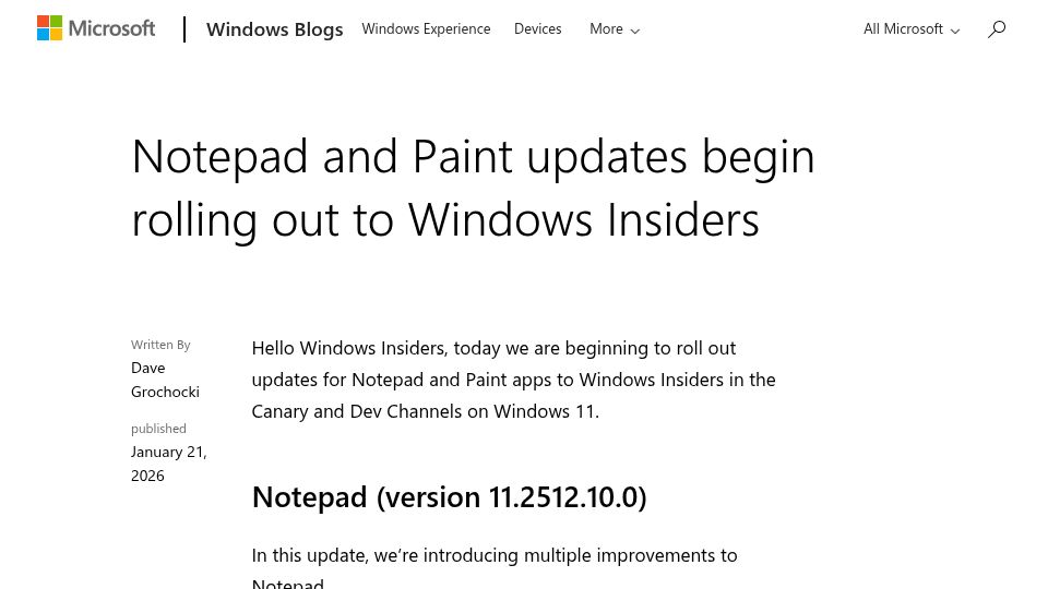Screenshot of blogs.windows.com: Windows 11 Notepad to support Markdown