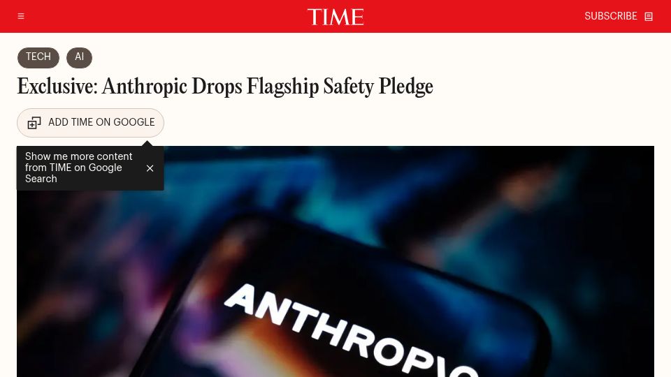 Screenshot of time.com: Anthropic Drops Flagship Safety Pledge
