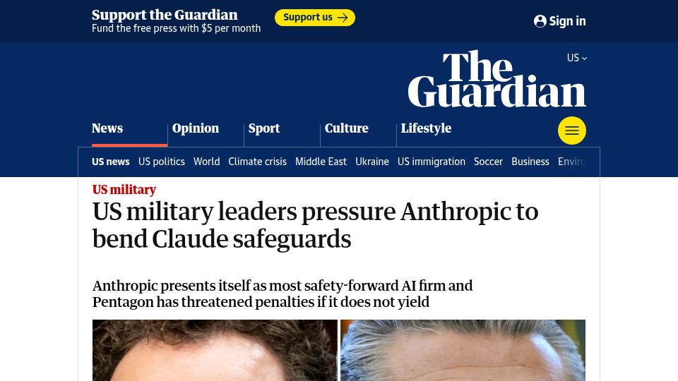 Screenshot of theguardian.com: US Military leaders meet with Anthropic to argue against Claude safeguards