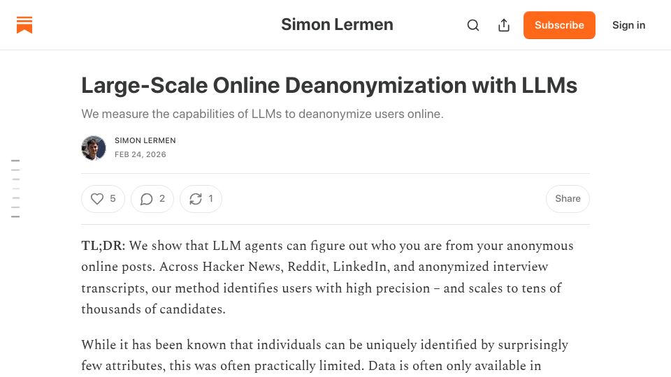 Screenshot of simonlermen.substack.com: Large-Scale Online Deanonymization with LLMs