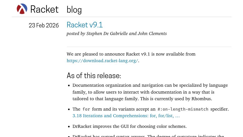 Screenshot of blog.racket-lang.org: Racket v9.1