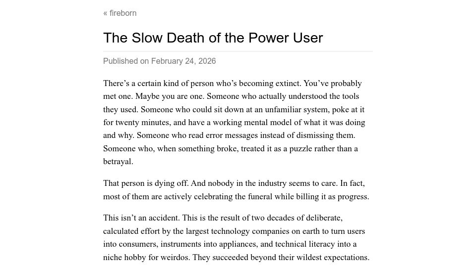 Screenshot of fireborn.mataroa.blog: The Slow Death of the Power User
