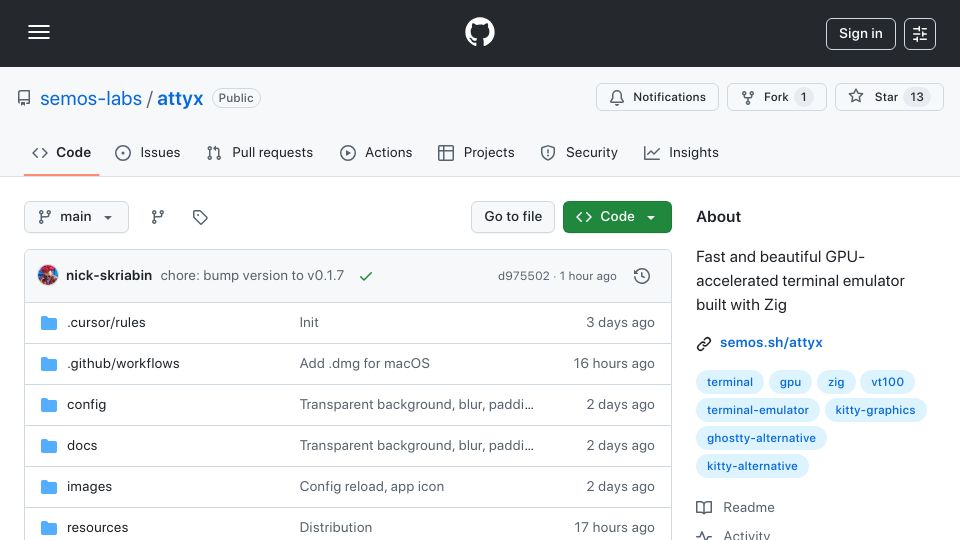 Screenshot of github.com: Attyx – tiny and fast GPU-accelerated terminal emulator written in Zig