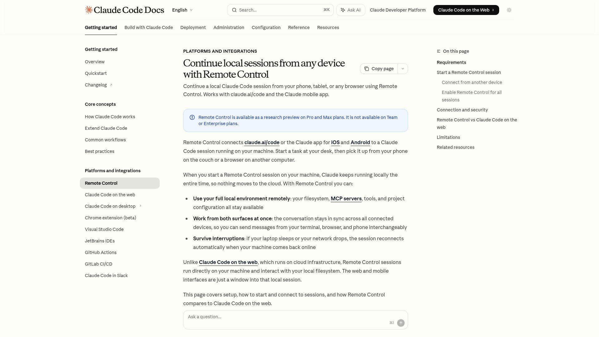 Screenshot of code.claude.com: Claude Code Remote Control