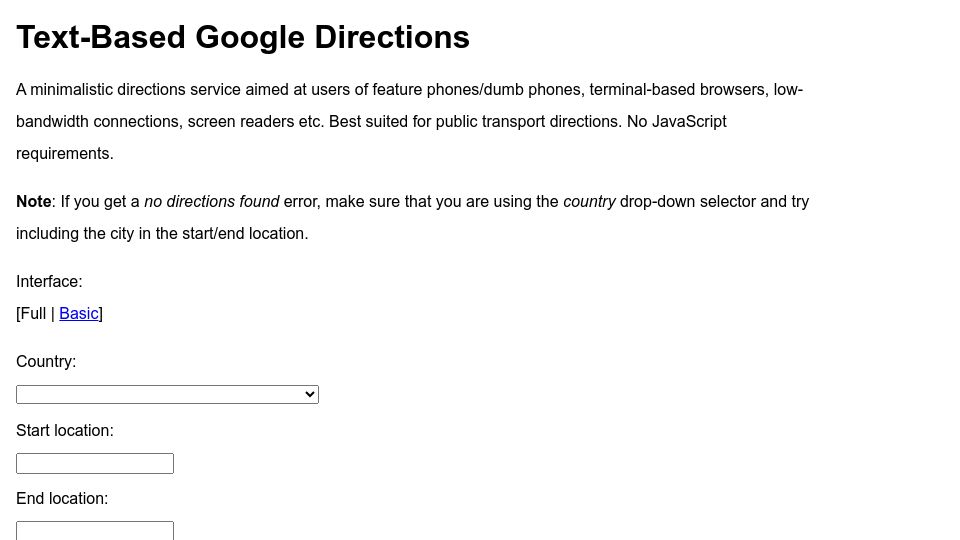 Screenshot of gdir.telae.net: Text-Based Google Directions