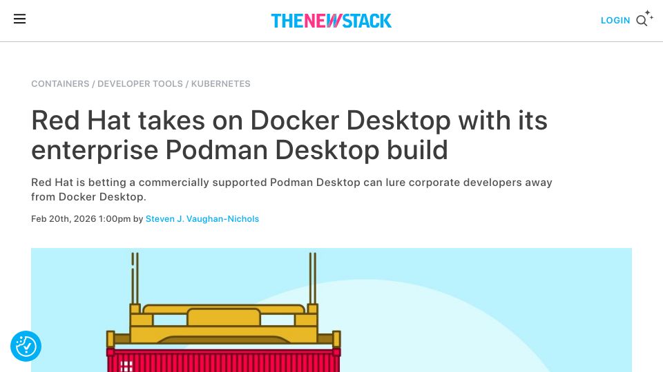 Screenshot of thenewstack.io: Red Hat takes on Docker Desktop with its enterprise Podman Desktop build