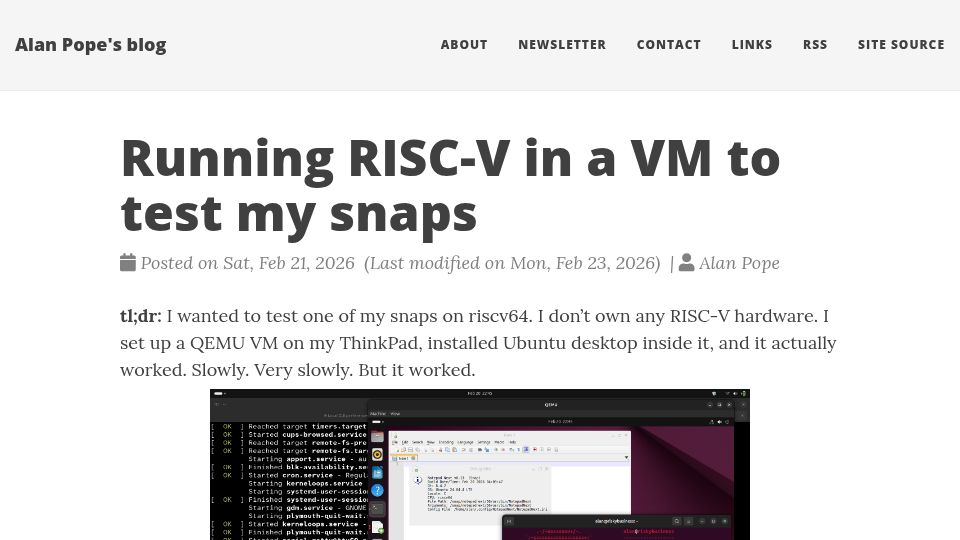 Screenshot of blog.popey.com: Running RISC-V in a VM to test my snaps