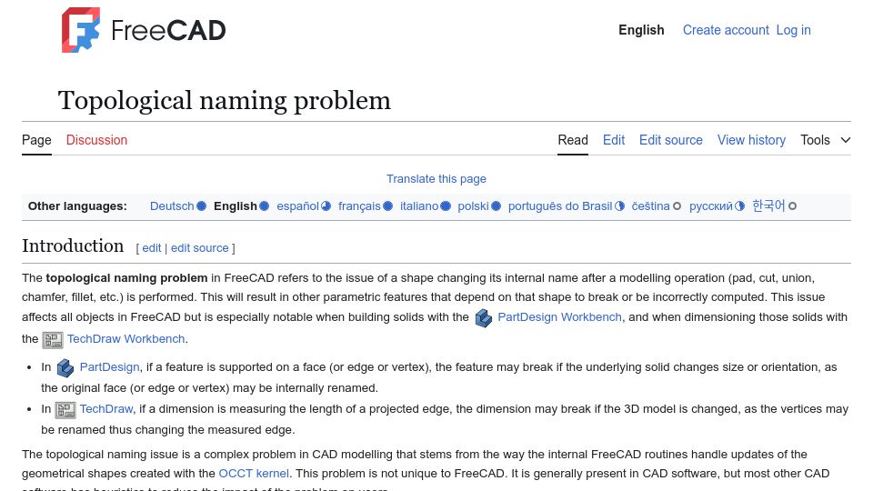 Screenshot of wiki.freecad.org: Topological Naming Problem
