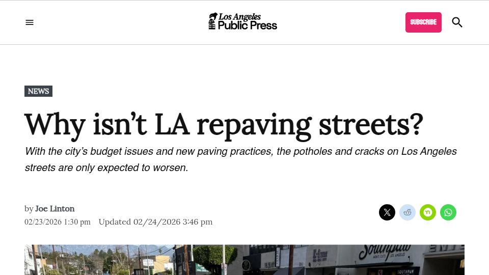 Screenshot of lapublicpress.org: Why isn't LA repaving streets?