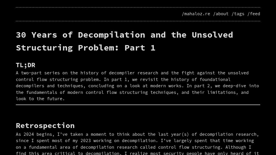 Screenshot of mahaloz.re: 30 Years of Decompilation and the Unsolved Structuring Problem: Part 1 (2024)