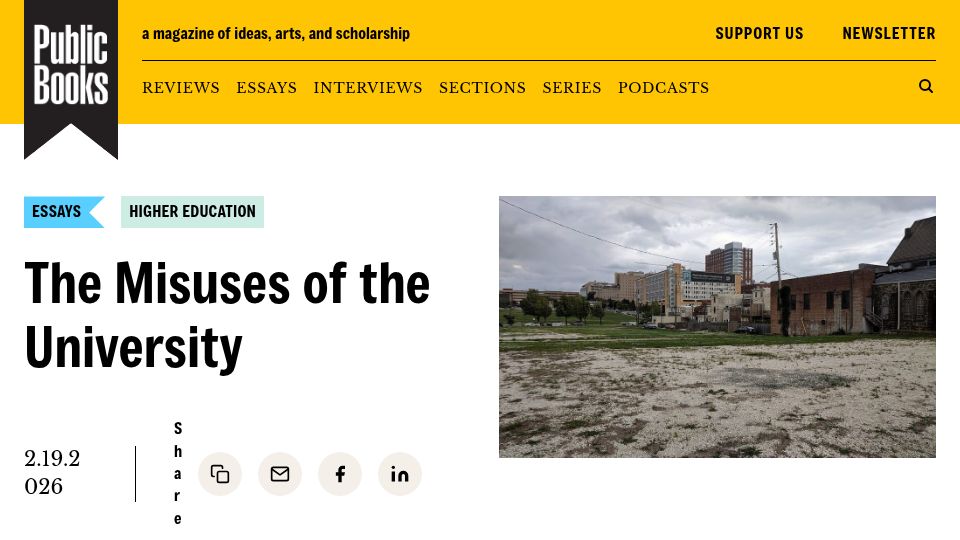 Screenshot of publicbooks.org: The Misuses of the University