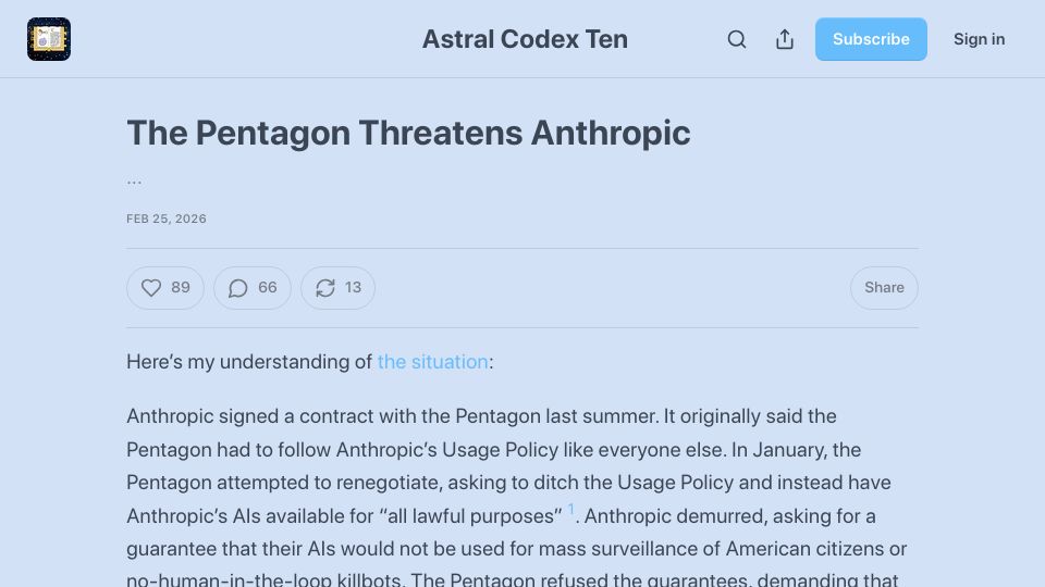 Screenshot of astralcodexten.com: The Pentagon Threatens Anthropic