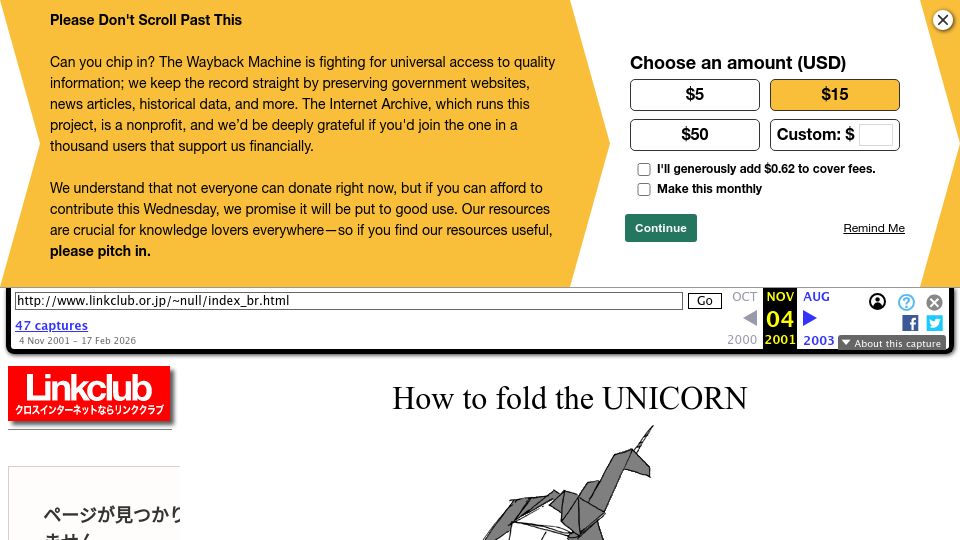 Screenshot of web.archive.org: How to fold the Blade Runner origami unicorn (1996)
