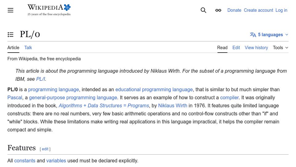 Screenshot of en.wikipedia.org: PL/0