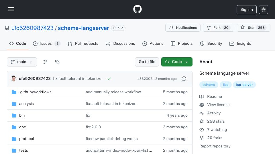 Screenshot of github.com: Show HN: Scheme-langserver – Digest incomplete code with static analysis