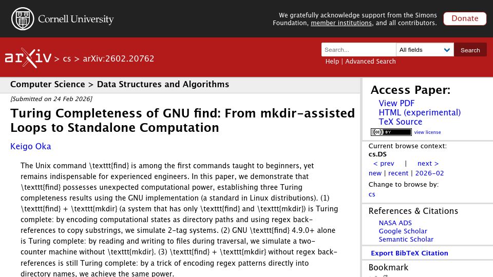 Screenshot of arxiv.org: Turing Completeness of GNU find