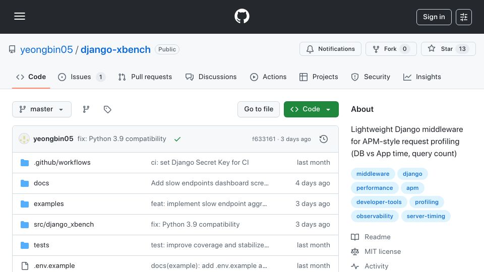 Screenshot of github.com: Show HN: Django-xbench – slow endpoint aggregation for Django