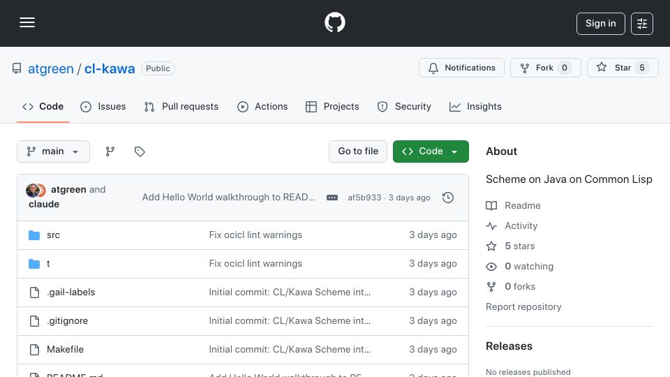 Screenshot of github.com: Cl-kawa: Scheme on Java on Common Lisp