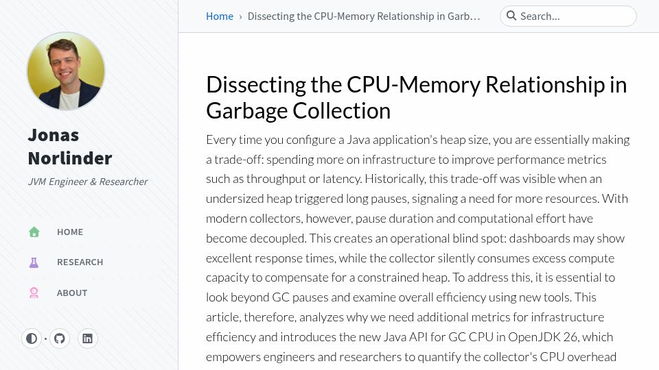 Screenshot of norlinder.nu: Dissecting the CPU-memory relationship in garbage collection (OpenJDK 26)