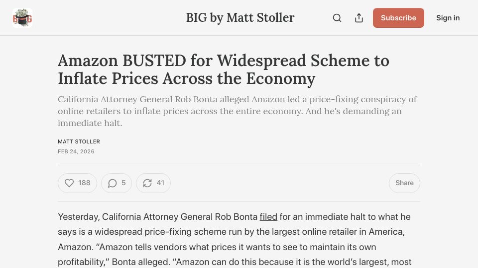 Screenshot of thebignewsletter.com: Amazon accused of widespread scheme to inflate prices across the economy