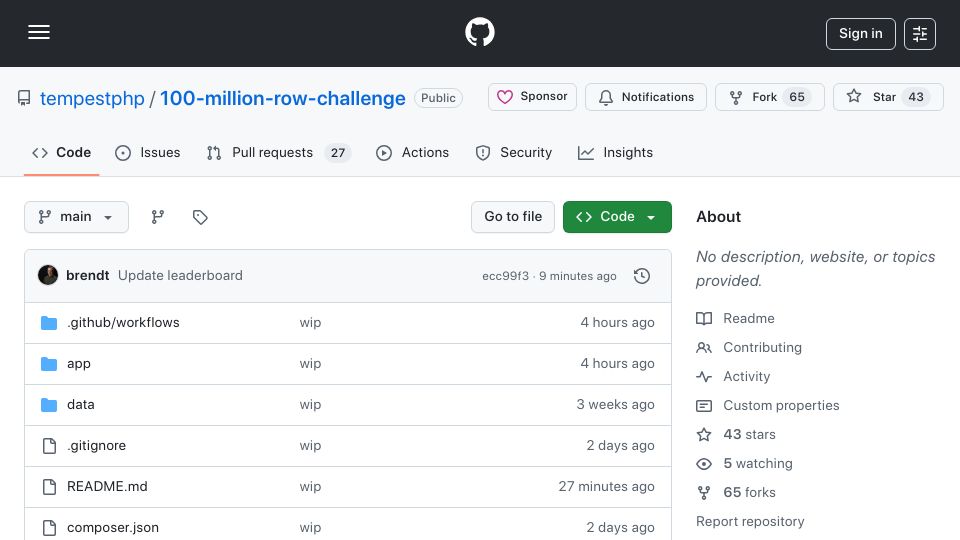 Screenshot of github.com: 100M-Row Challenge with PHP