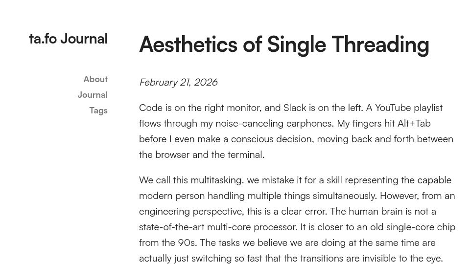 Screenshot of ta.fo: Aesthetics of single threading