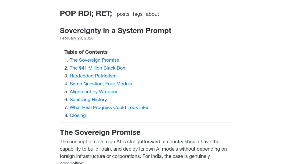 Screenshot of pop.rdi.sh: Sovereignty in a System Prompt